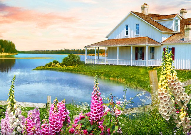 white farmhouse next to creek with foxgloves in foreground